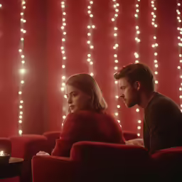 the couple sit in red chairs and look at the table
