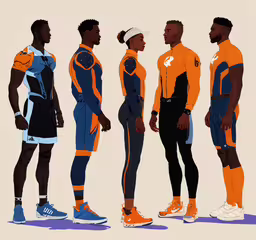 two men and two women standing in uniforms in a line,four basketball players in different colors are posing