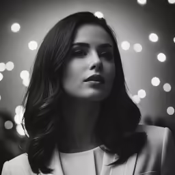 a woman with long hair in a white blazer looking off to the side
