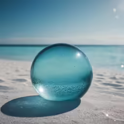 a glass ball is sitting in the sand on a beach