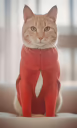 cat in red sweater sitting on white surface