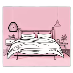 a room with pink walls and a white bed with pink sheets