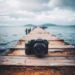 a camera sitting on a wooden bridge over the water