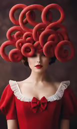 a woman with giant red doughnuts on her head