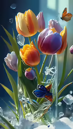 a vase of flowers with water and a butterfly in it