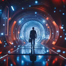 a man standing in front of a tunnel full of glowing lights