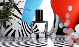 a black bottle of perfume sitting on top of a table