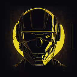 a man in a helmet with a yellow background,a black and yellow illustration of an iron man in front of a rising sun