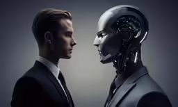 a male in a business suit and a robot head