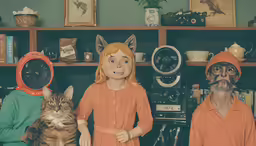 two people with weird headgear, one sitting next to another