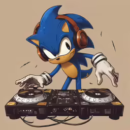 the cartoon sonic is playing music on his turntable