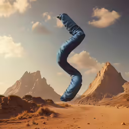 a strange human flying over a desert landscape
