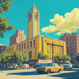 two cars parked in front of a yellow building