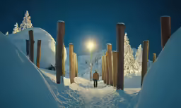 a person walking up a snowy path at night