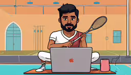 cartoon man sitting on a floor with laptop and tennis racket,man on a laptop holding a tennis racket