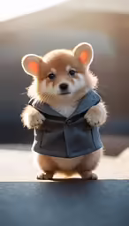 a dog with a coat standing on its hind legs