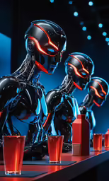 several sci - fi fi fi people sit at a table with shots in front of them