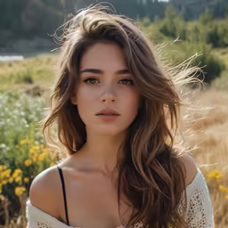 a woman posing for the camera in a field