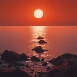 there are rocks out in the water at sunset