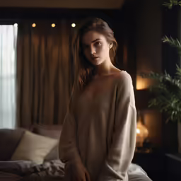 a beautiful woman wearing a white sweater sitting on a bed