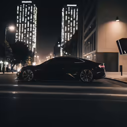 a black car sits on the street in front of large city buildings