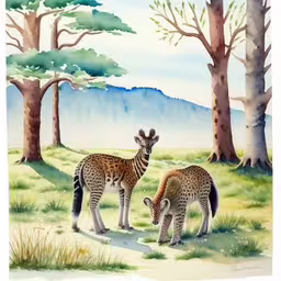 two zebras grazing in the middle of a grassy field