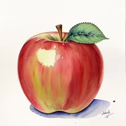 an apple with leaf and on the outside is watercolor,an apple that is painted in watercolor and a leaf