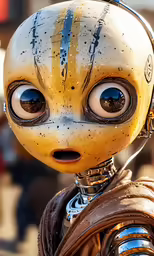 an robot stares to the side, and looks surprised