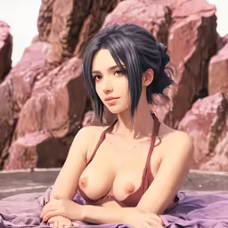 a very sexy asian woman sitting on top of a bed