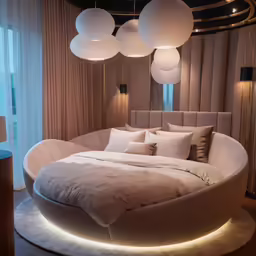 large circular bed that looks like it has lights and white pillows