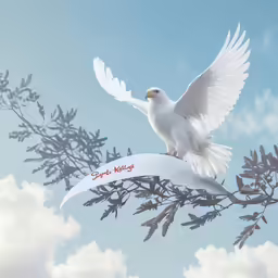 white dove on the label in sky with clouds