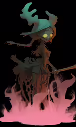 a drawing of a witch riding in the fire