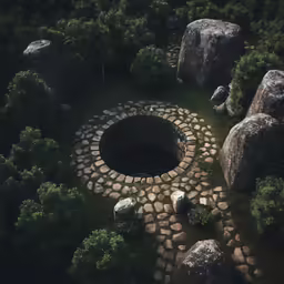 a view of a rock cut out and some trees and shrubs around it