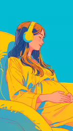 a girl wearing headphones sitting on a couch,a woman sitting on top of a couch wearing headphones