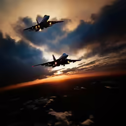 two jetliners flying through a cloudy sky