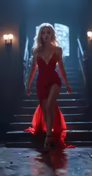 woman in a long red dress walking down stairs