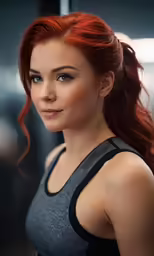 a red haired woman wearing a grey tank top