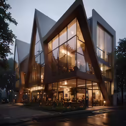 a large triangular shaped building with many windows