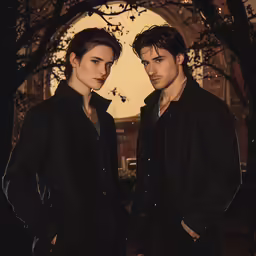 two men standing in front of a tree and building