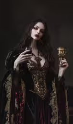 a beautiful woman in a gothic style outfit is holding a cup,a beautiful woman dressed in a victorian costume holding a candle