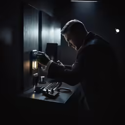 man is using light in dark room