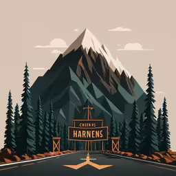 a poster of the highway with a forest and mountain backdrop