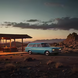 a blue station wagon parked next to a gas station