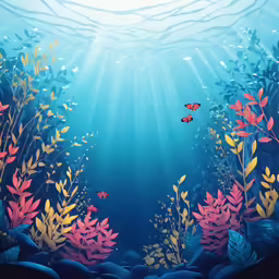 an underwater scene with red and yellow fish