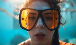 a woman with yellow tinted glasses that are attached to her face
