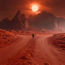 a man riding a bike across a desert road