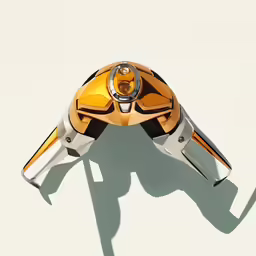 the futuristic looking arm and arm of a yellow robot with a black stripe around its arm