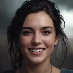 a close up of a person wearing a necklace smiling