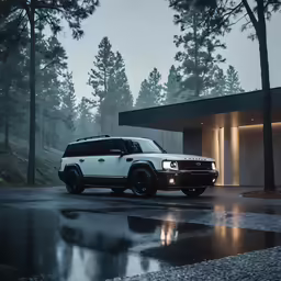 the jeep parked outside of a modern building in the rain
