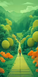 a man is walking down a narrow road into some flowers,a man is walking alone between the woods